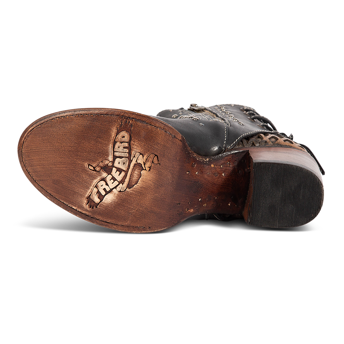 Leather sole imprinted with FREEBIRD on women's Columbia black leather bootie