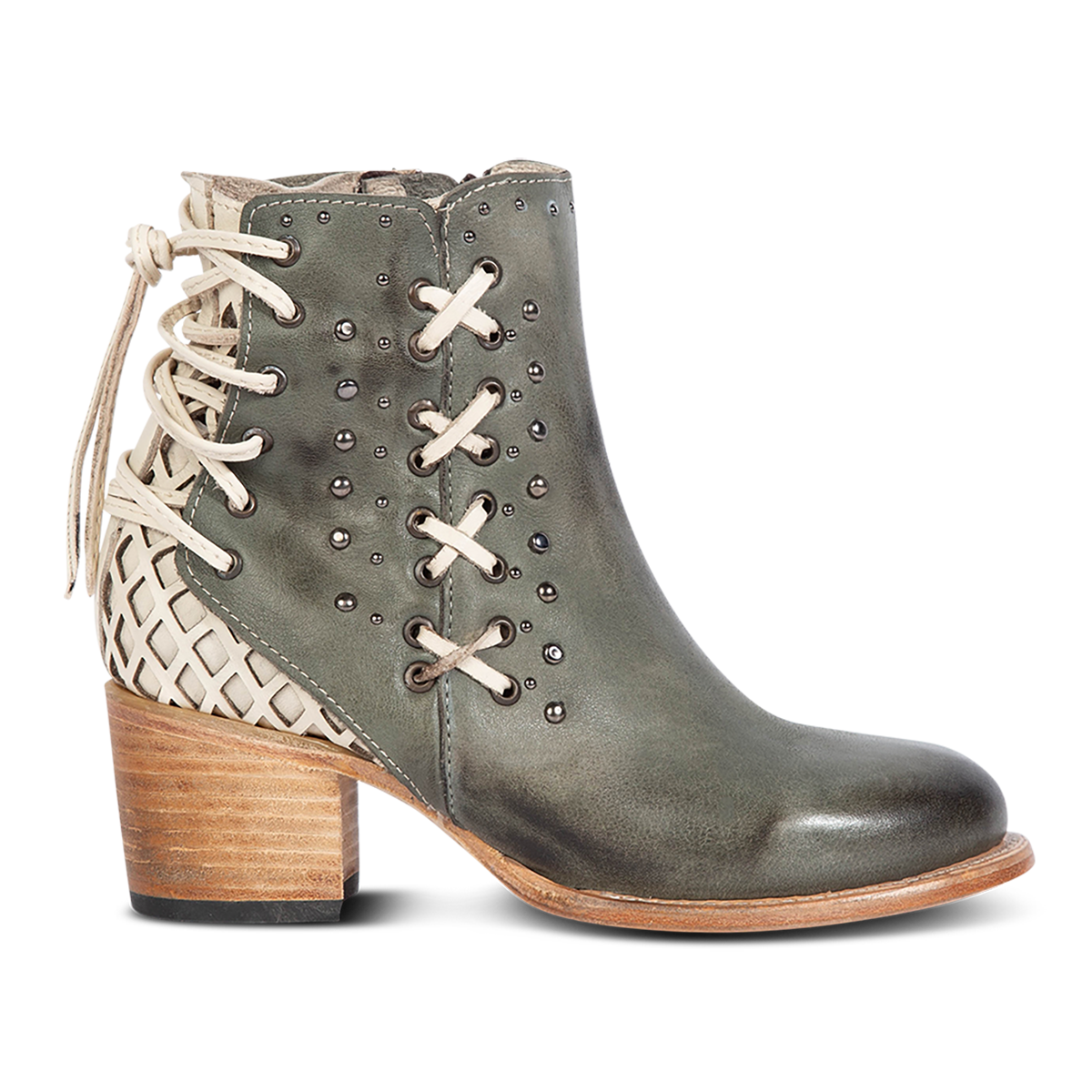 FREEBIRD women's Columbia blue two-toned leather bootie with laser cut back panel detailing, adjustable back leather lacing and lifted heel