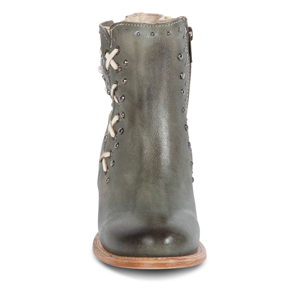 Front view showing FREEBIRD women's Columbia blue two-toned leather bootie with stud embellishments and round toe construction