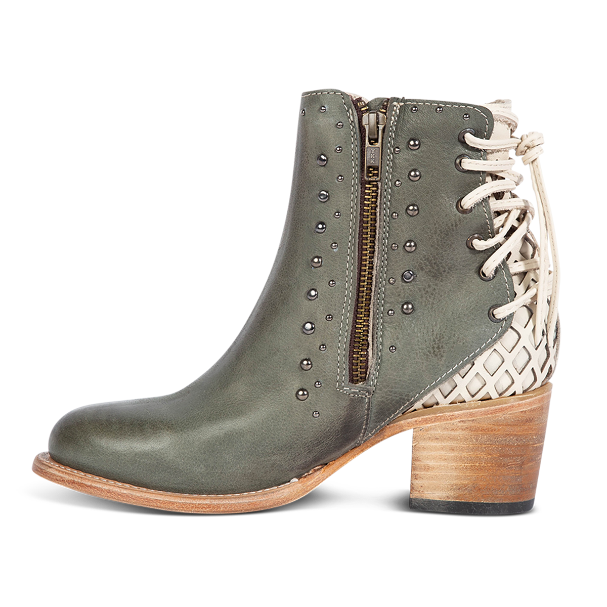 Inside view showing FREEBIRD women's Columbia blue two toned leather bootie with laser cut back panel detailing and an inside brass zip closure