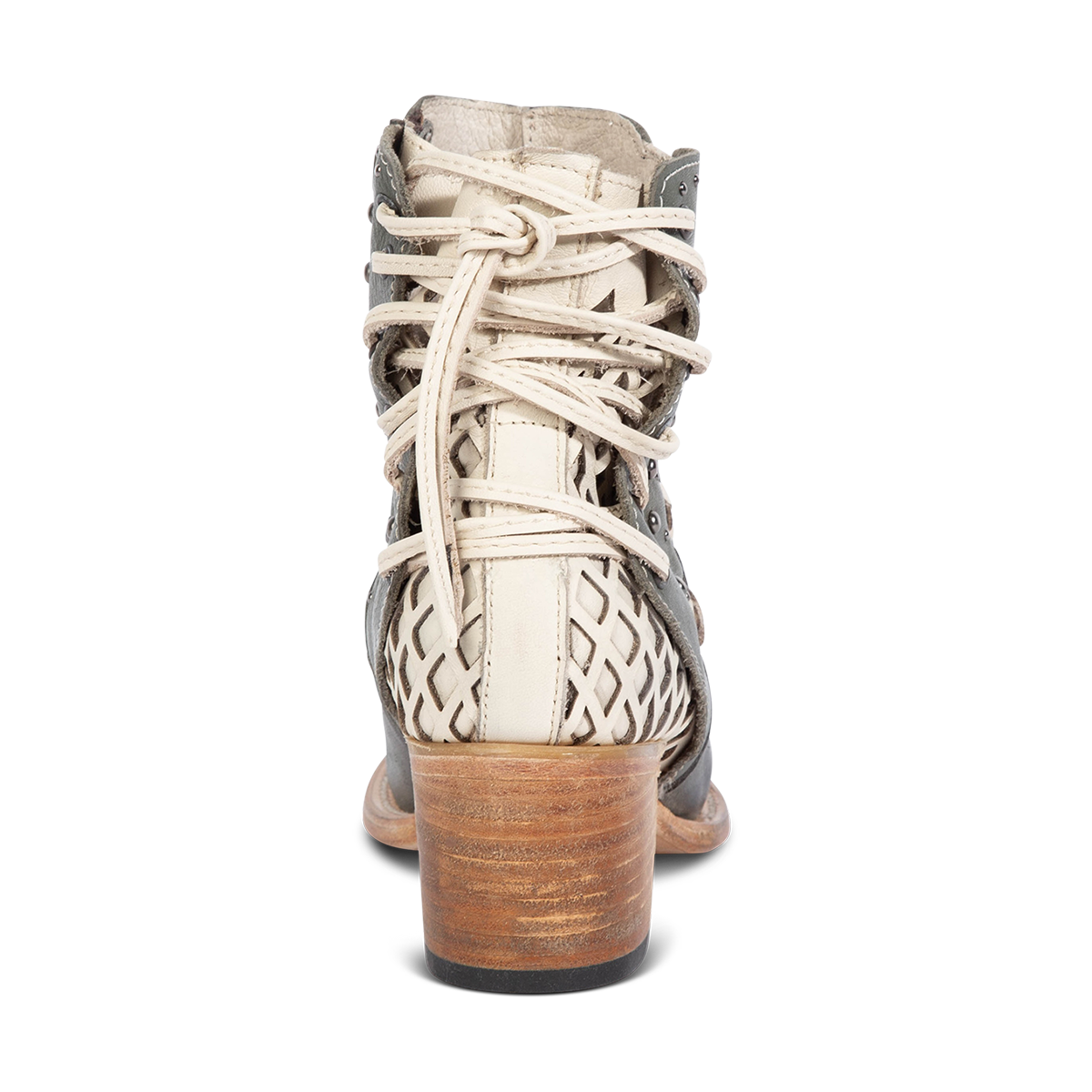 Back view showing adjustable lacing and lifted heel on FREEBIRD women's Columbia blue leather two toned bootie