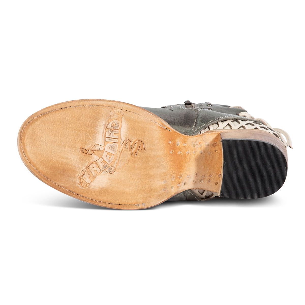 Leather sole imprinted with FREEBIRD on women's Columbia blue leather bootie