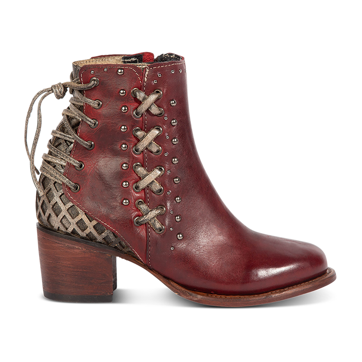 FREEBIRD women's Columbia red two-toned leather bootie with laser cut back panel detailing, adjustable back leather lacing and lifted heel