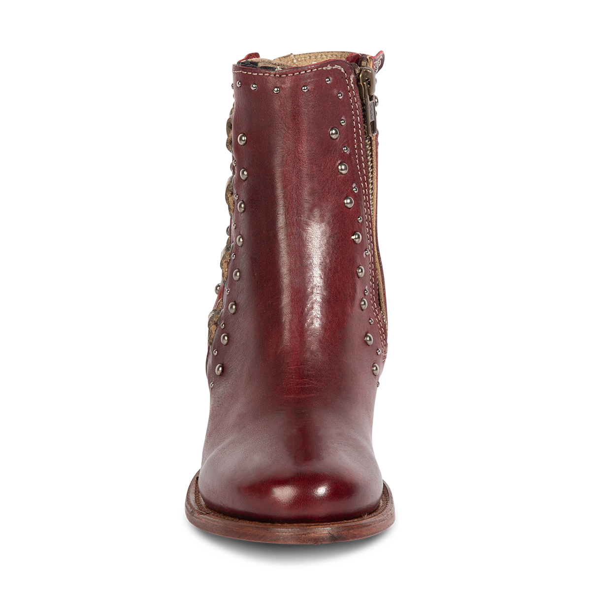 Front view showing FREEBIRD women's Columbia red two-toned leather bootie with stud embellishments and round toe construction