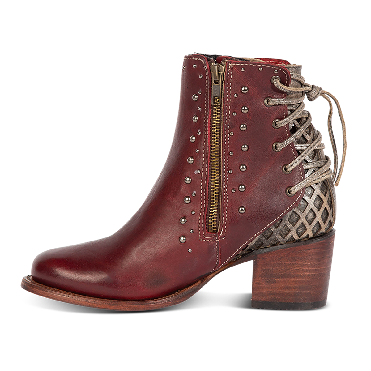 Inside view showing FREEBIRD women's Columbia red two toned leather bootie with laser cut back panel detailing and an inside brass zip closure