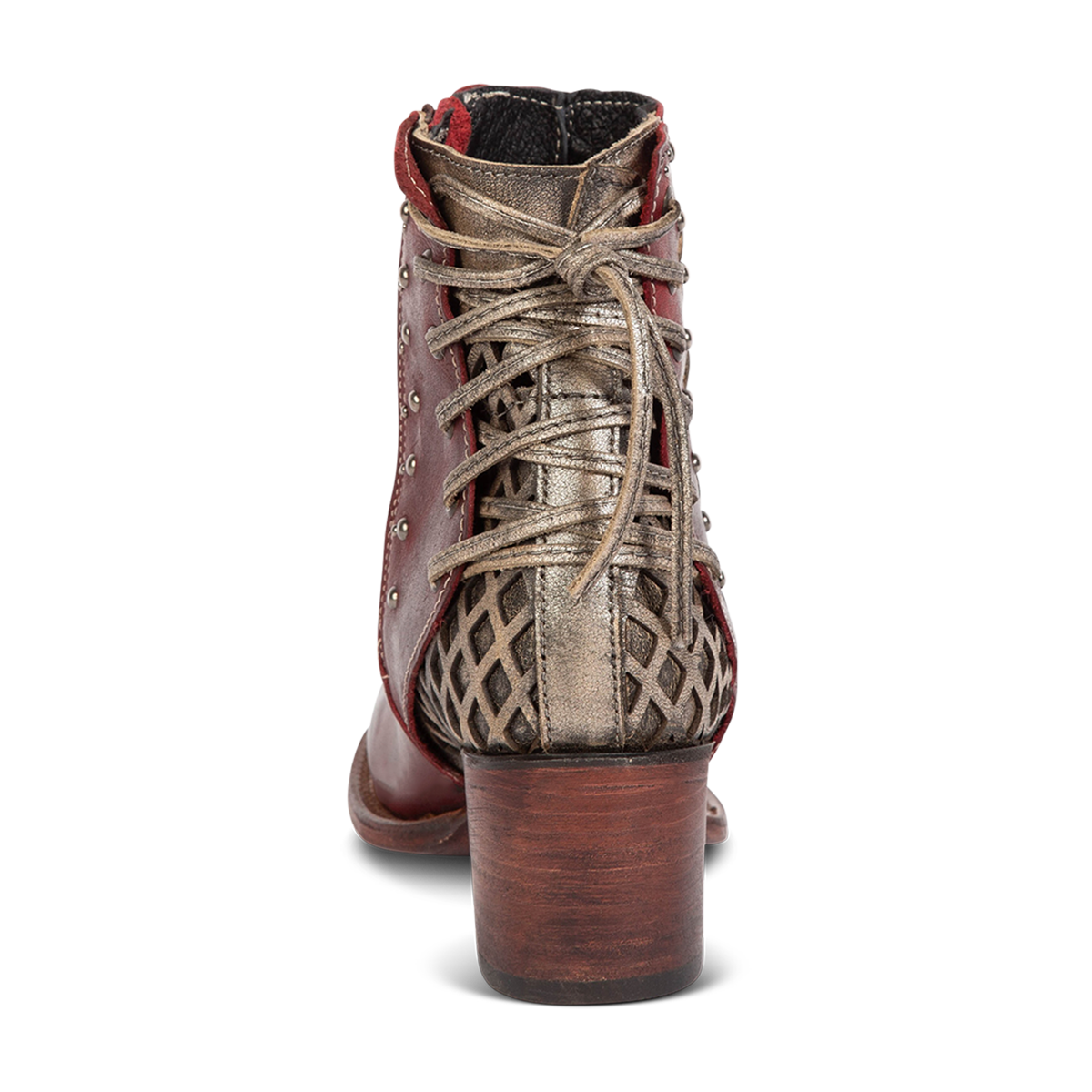 Back view showing adjustable lacing and lifted heel on FREEBIRD women's Columbia red leather two toned bootie