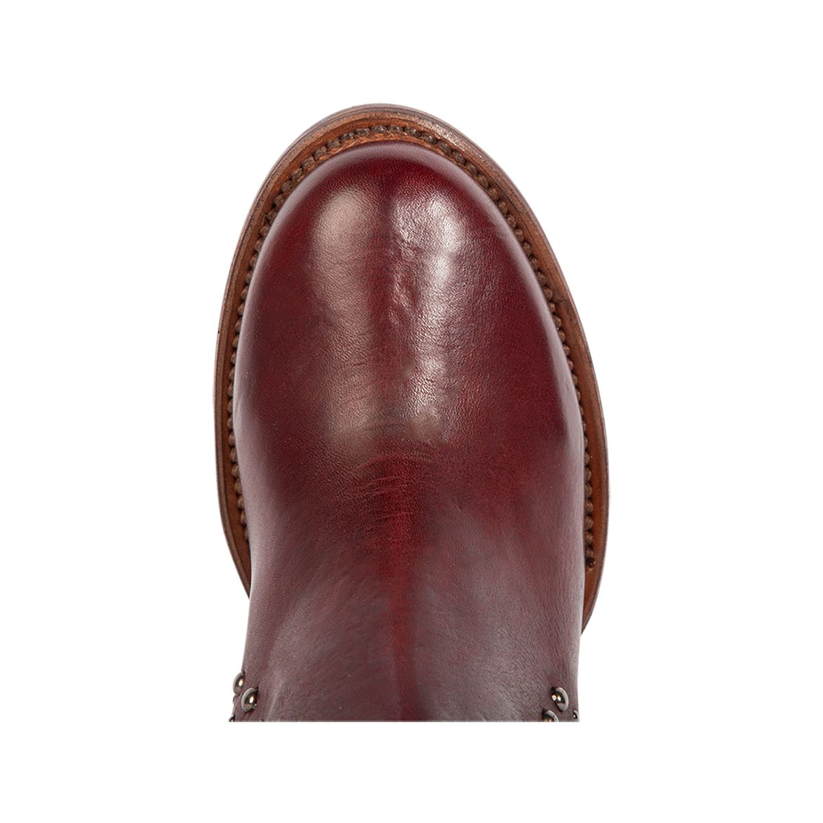 Top view showing round toe construction on FREEBIRD women's Columbia red leather bootie