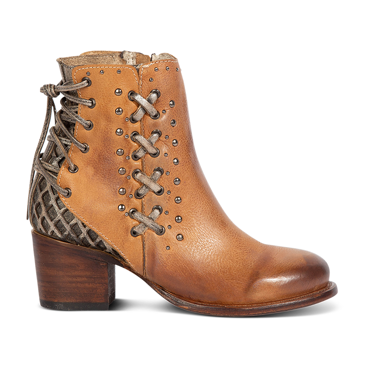 FREEBIRD women's Columbia wheat two-toned leather bootie with laser cut back panel detailing, adjustable back leather lacing and lifted heel