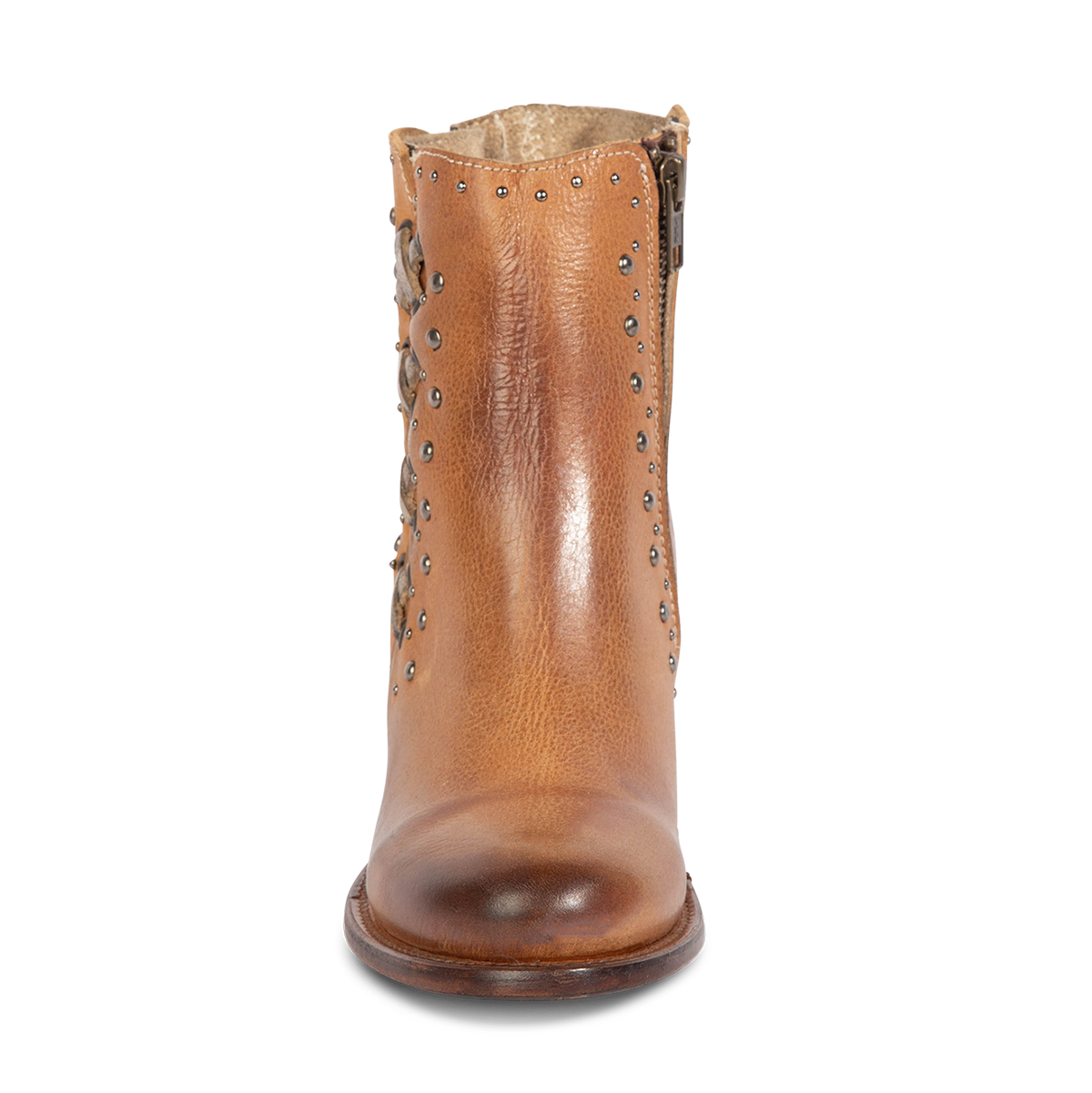 Front view showing FREEBIRD women's Columbia wheat two-toned leather bootie with stud embellishments and round toe construction