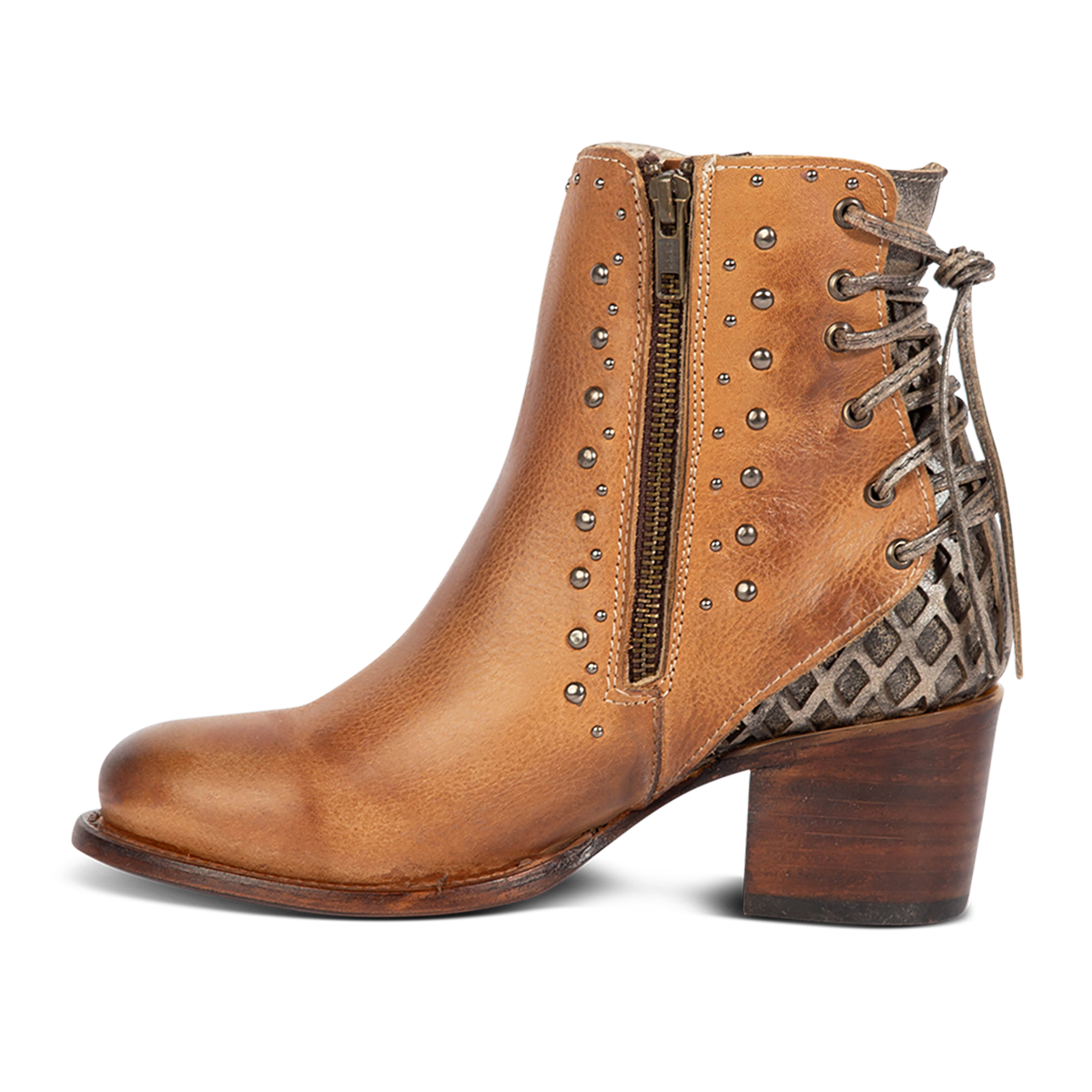 Inside view showing FREEBIRD women's Columbia wheat two toned leather bootie with laser cut back panel detailing and an inside brass zip closure