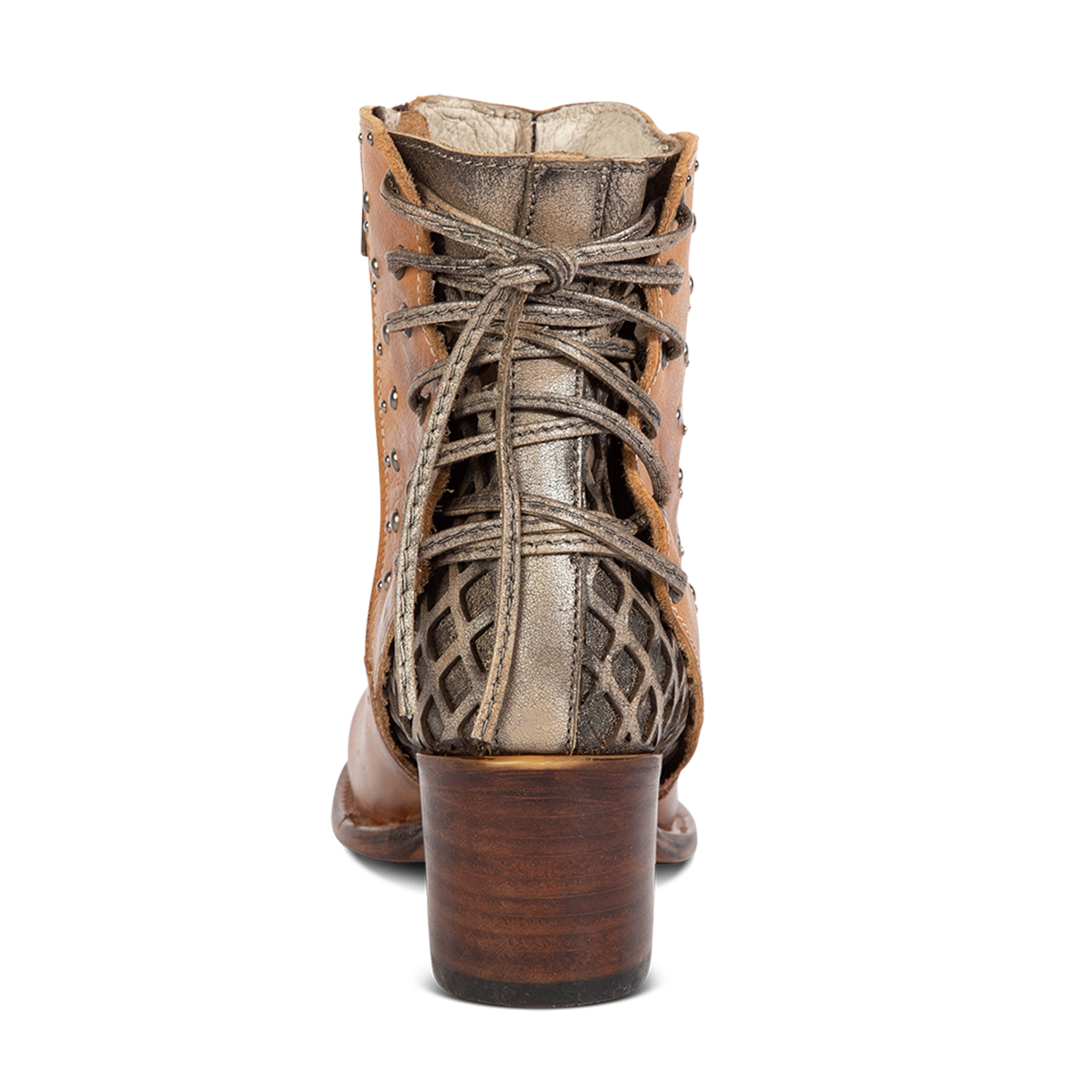 Back view showing adjustable lacing and lifted heel on FREEBIRD women's Columbia wheat leather two toned bootie