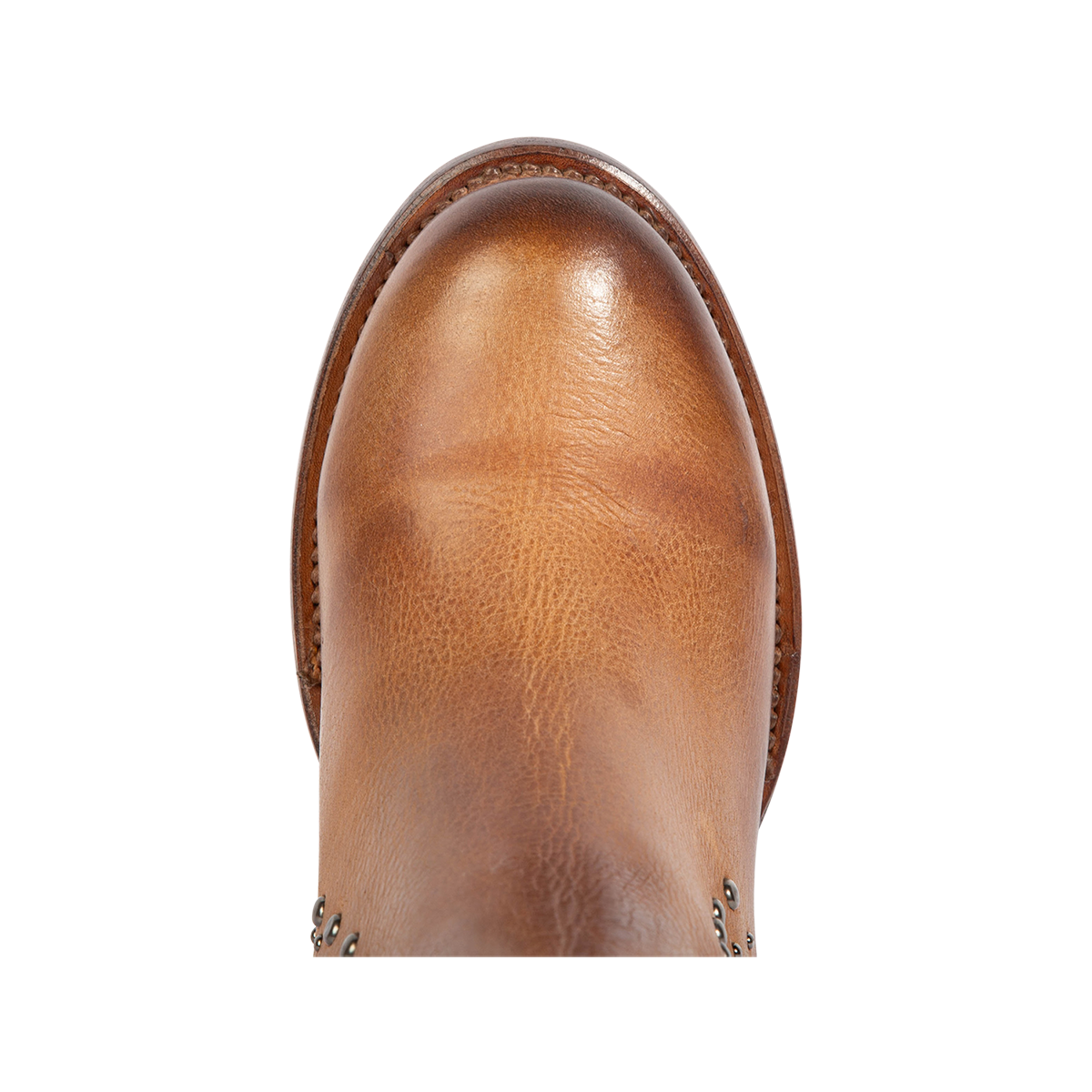Top view showing round toe construction on FREEBIRD women's Columbia wheat leather bootie