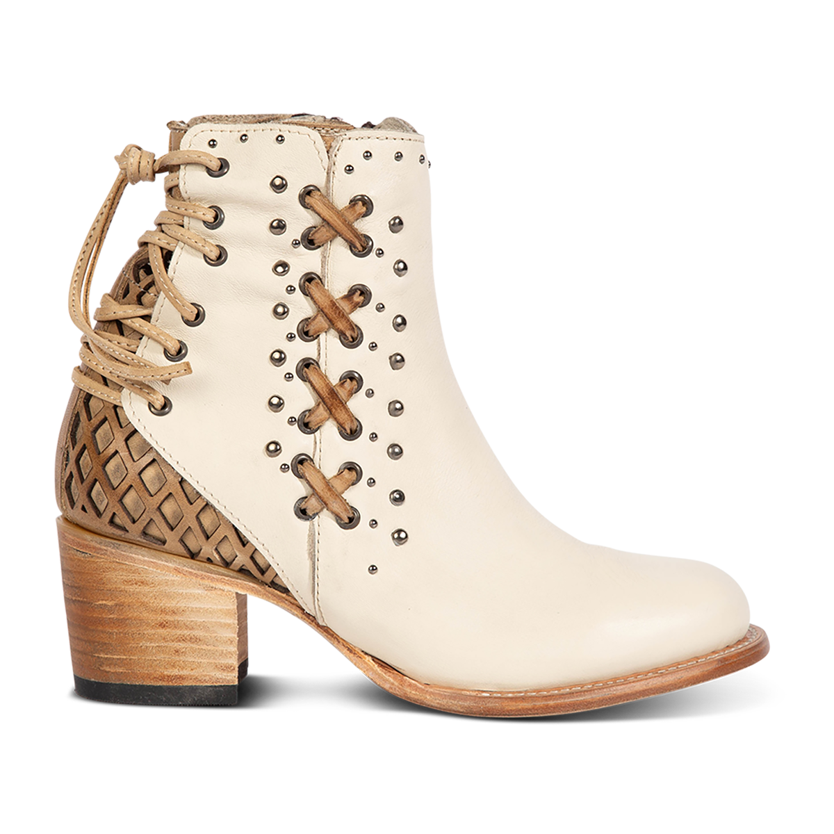 FREEBIRD women's Columbia white two-toned leather bootie with laser cut back panel detailing, adjustable back leather lacing and lifted heel
