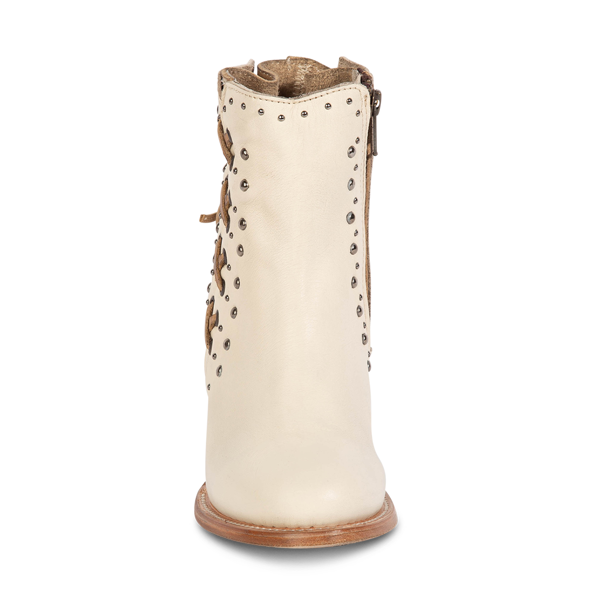 Front view showing FREEBIRD women's Columbia white two-toned leather bootie with stud embellishments and round toe construction