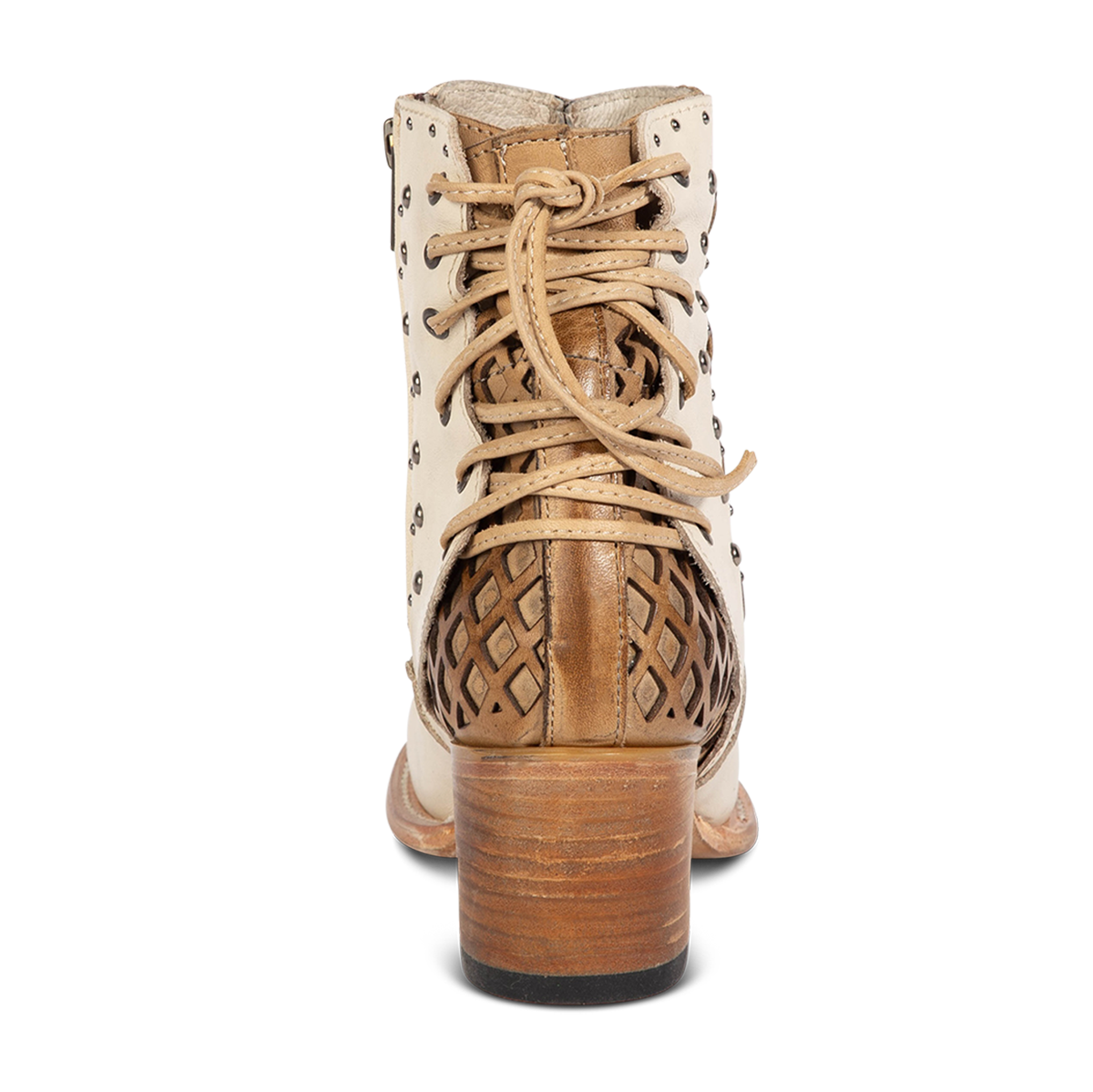 Back view showing adjustable lacing and lifted heel on FREEBIRD women's Columbia white leather two toned bootie