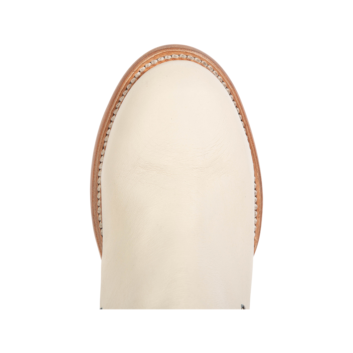 Top view showing round toe construction on FREEBIRD women's Columbia white leather bootie