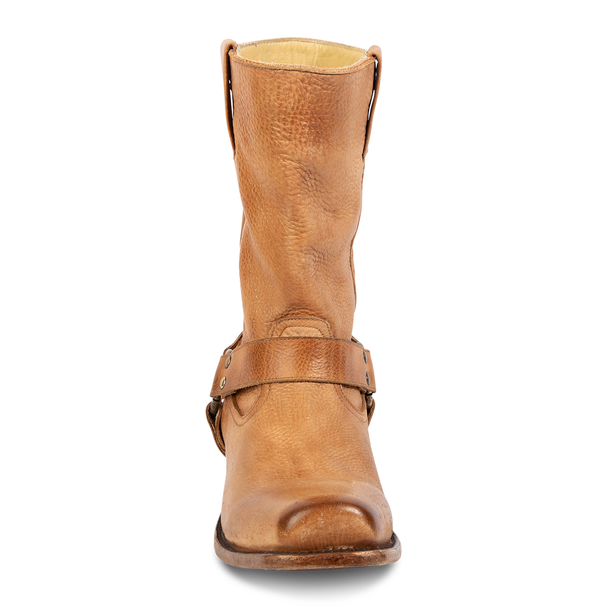 Front view showing distressed shaft and leather ankle harness on FREEBIRD men's Copperhead banana boot