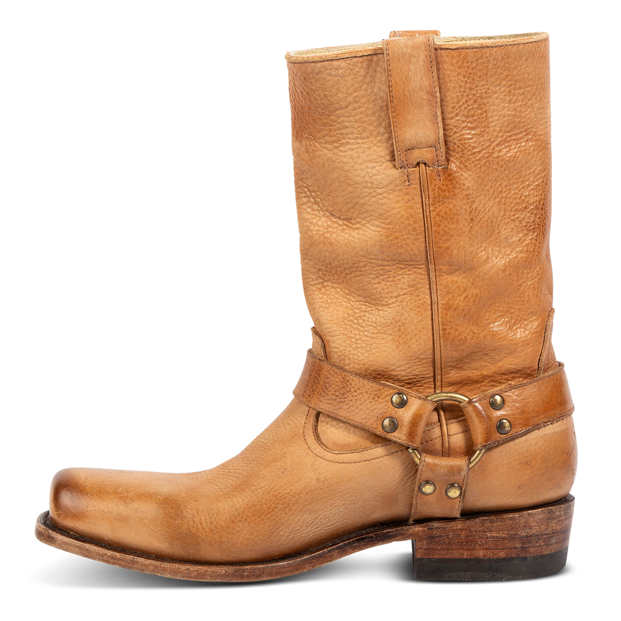 Inside view showing leather ankle harness with brass hardware on FREEBIRD men's Copperhead banana boot