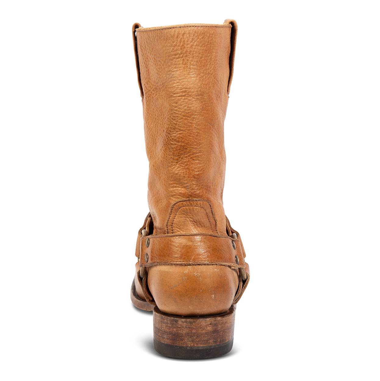 Back view showing distressed heel and leather ankle harness on FREEBIRD men's Copperhead banana boot