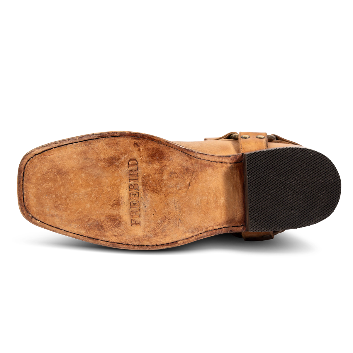 Leather sole imprinted with FREEBIRD on men's Copperhead banana boot