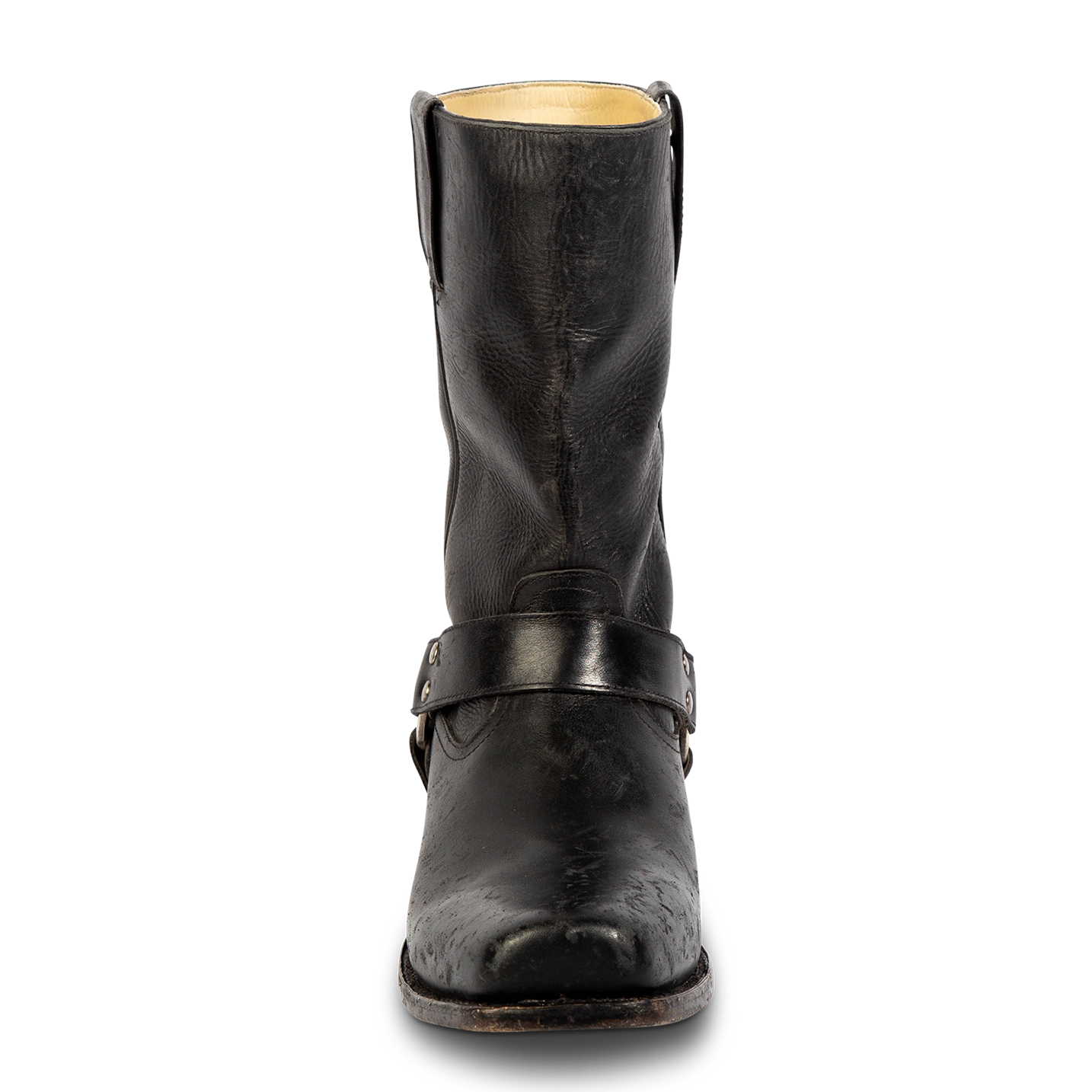 Front view showing distressed shaft and leather ankle harness on FREEBIRD men's Copperhead black boot
