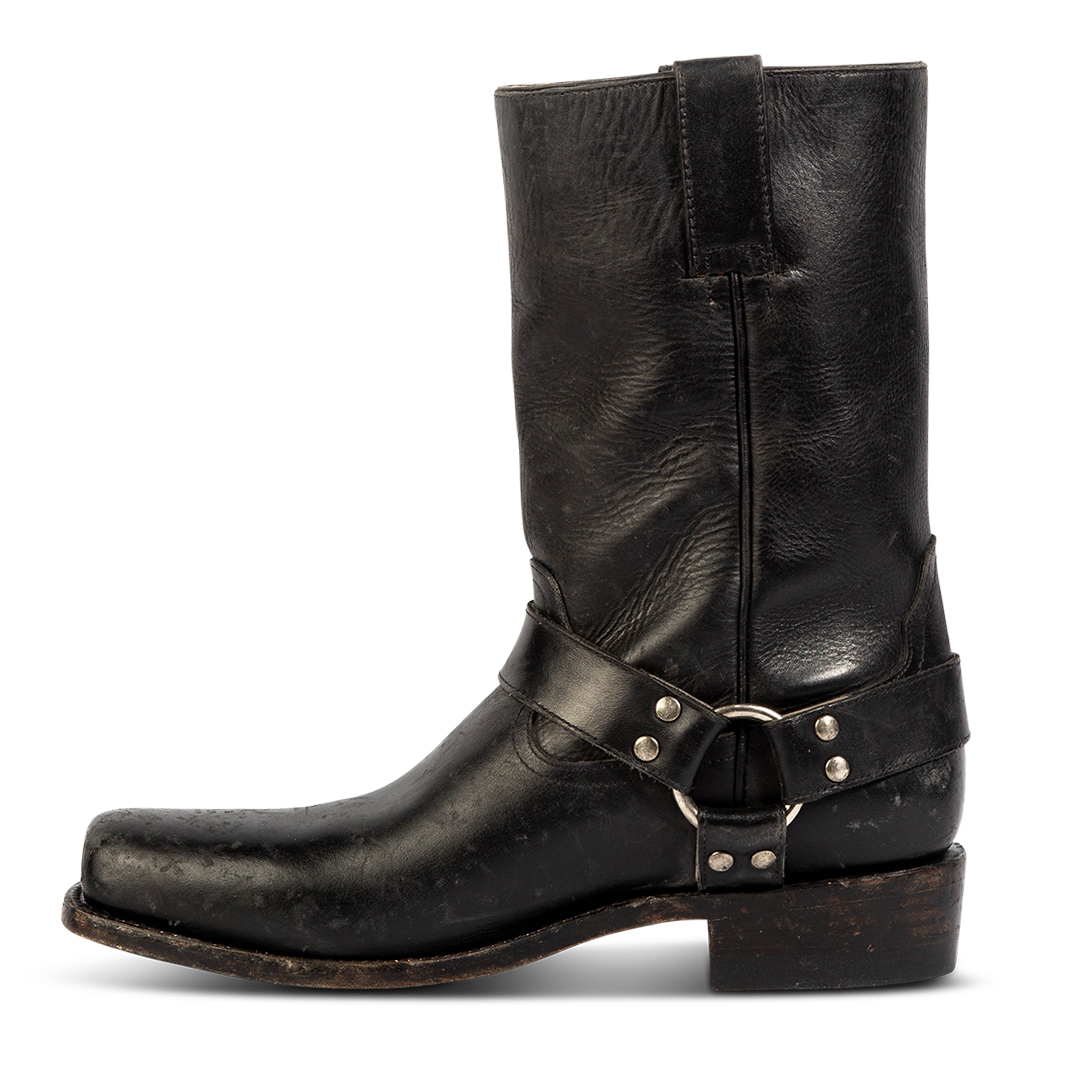 Inside view showing leather ankle harness with brass hardware on FREEBIRD men's Copperhead black boot
