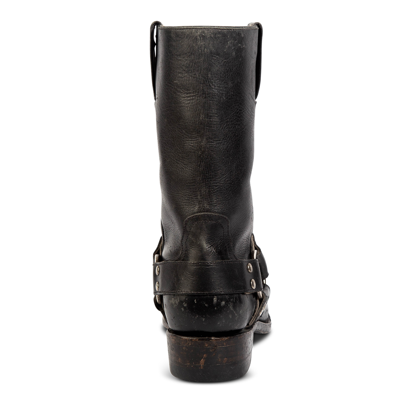 Back view showing distressed heel and leather ankle harness on FREEBIRD men's Copperhead black boot