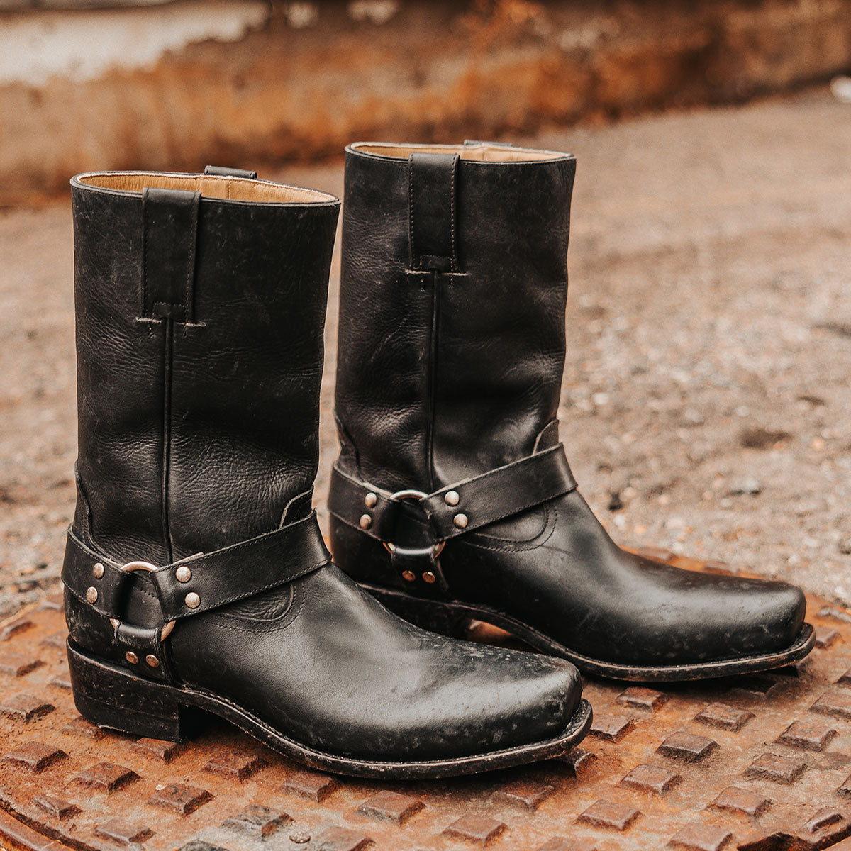 FREEBIRD men's Copperhead black rock tumbled boot with ankle harness and square toe