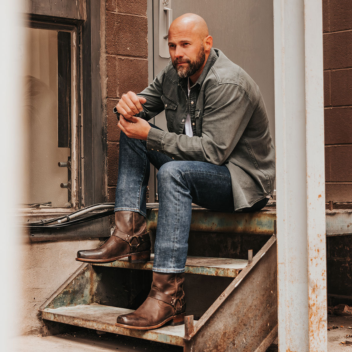 FREEBIRD men's Copperhead brown rock tumbled boot with ankle harness and square toe lifestyle