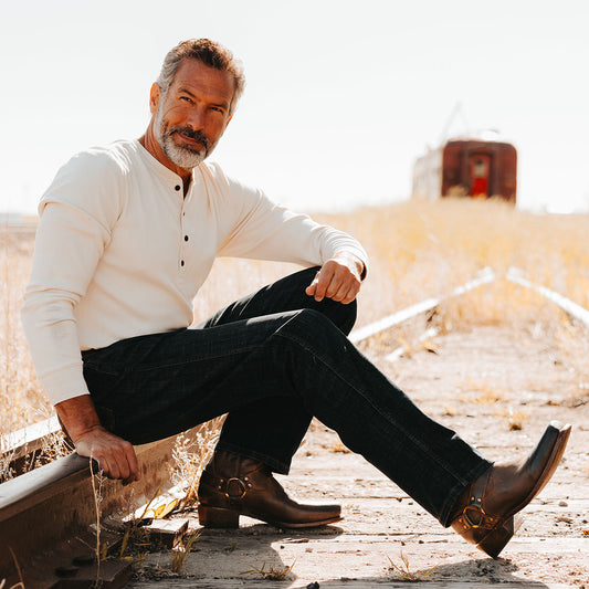 FREEBIRD men's Copperhead brown rock tumbled boot with ankle harness and square toe lifestyle image