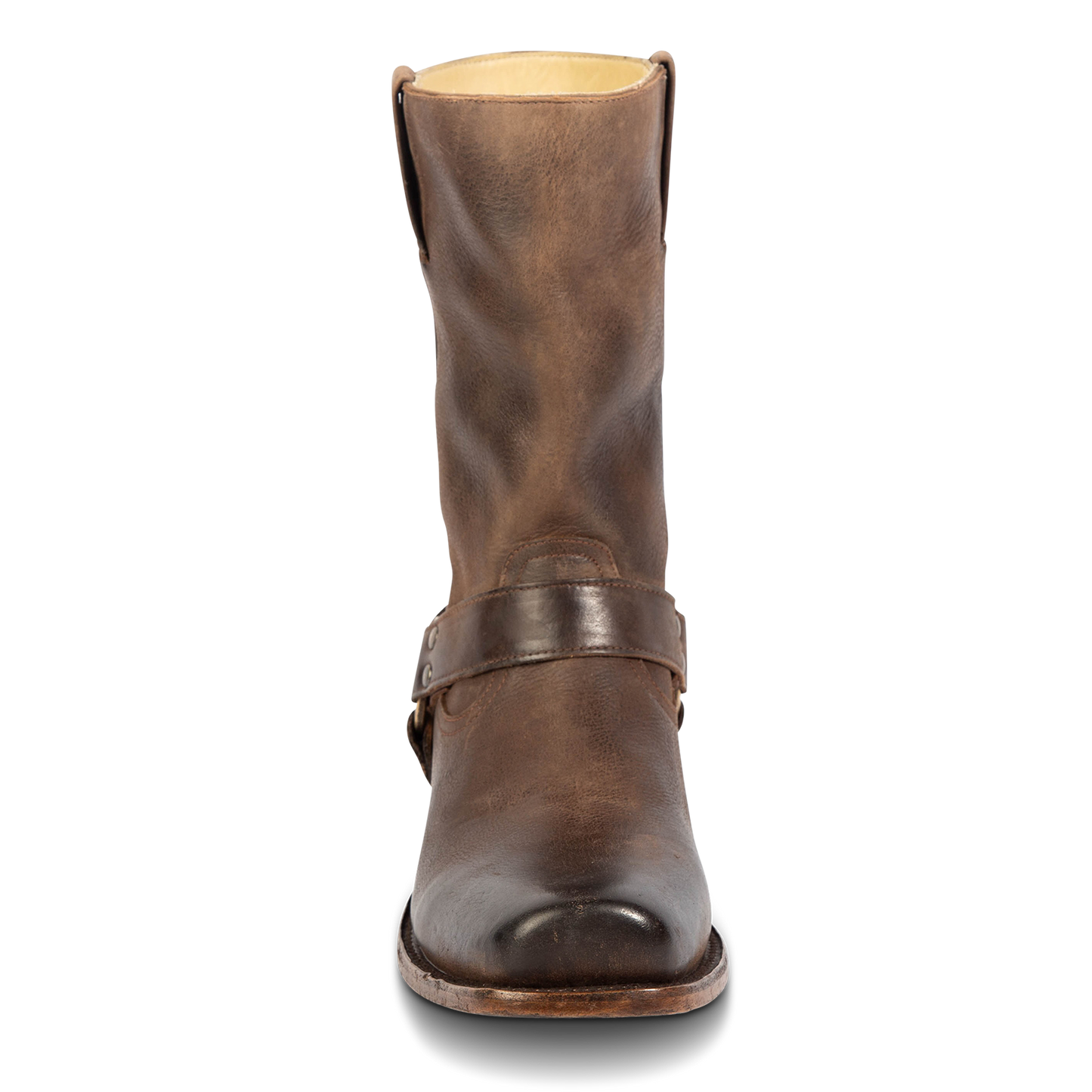 Front view showing distressed shaft and leather ankle harness on FREEBIRD men's Copperhead brown boot