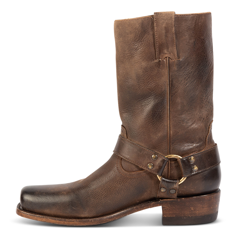 Inside view showing leather ankle harness with brass hardware on FREEBIRD men's Copperhead brown boot