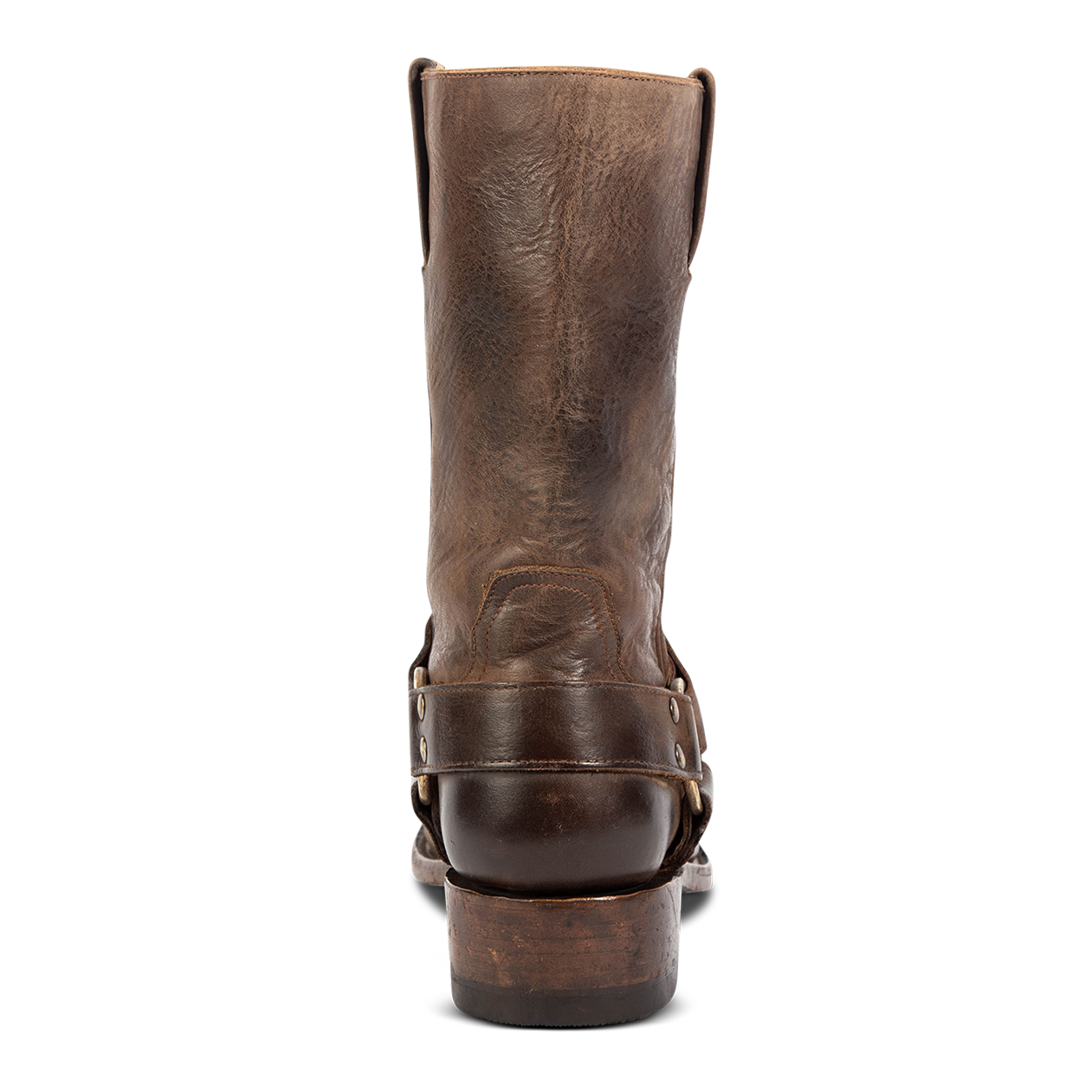 Back view showing distressed heel and leather ankle harness on FREEBIRD men's Copperhead brown boot
