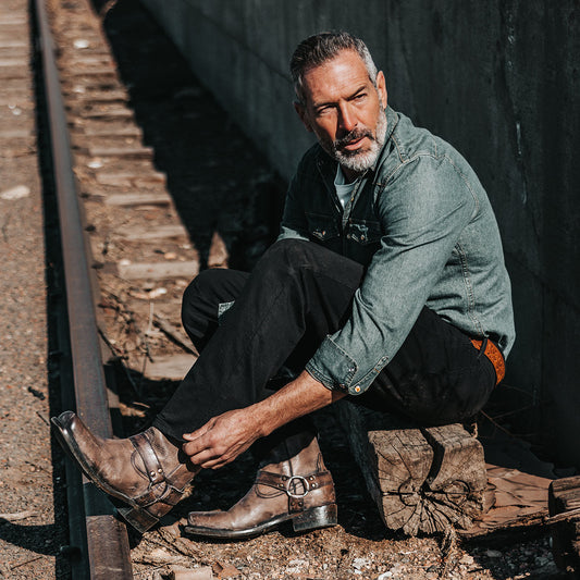 FREEBIRD men's Copperhead grey distressed rock tumbled boot with ankle harness and square toe lifestyle image