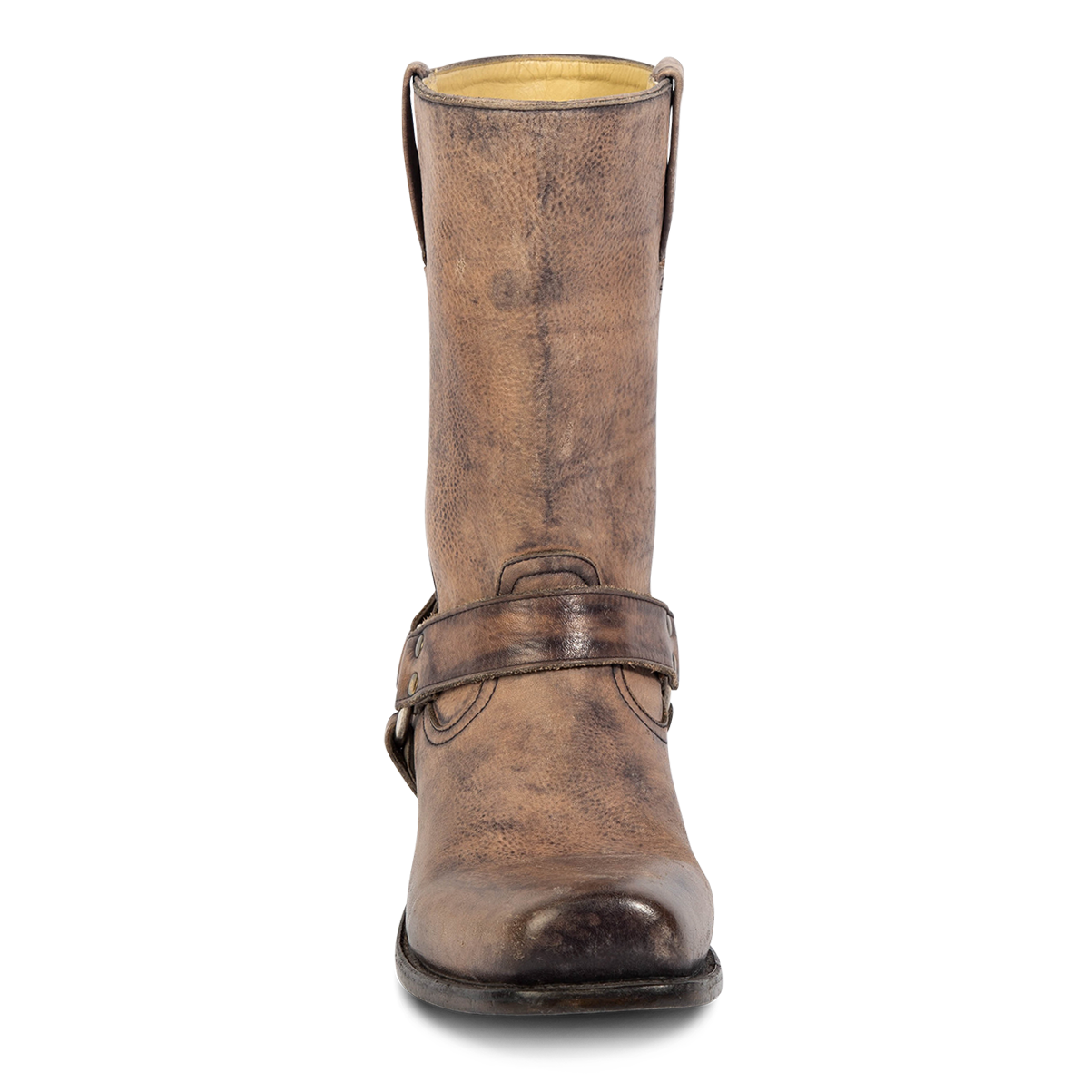 Front view showing distressed shaft and leather ankle harness on FREEBIRD men's Copperhead grey distressed boot