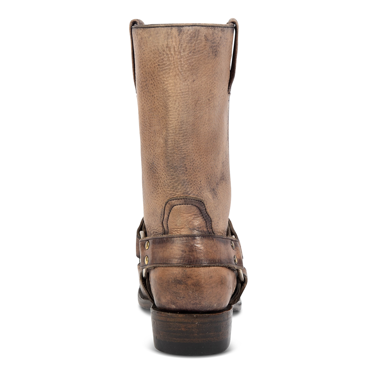 Back view showing distressed heel and leather ankle harness on FREEBIRD men's Copperhead grey distressed boot