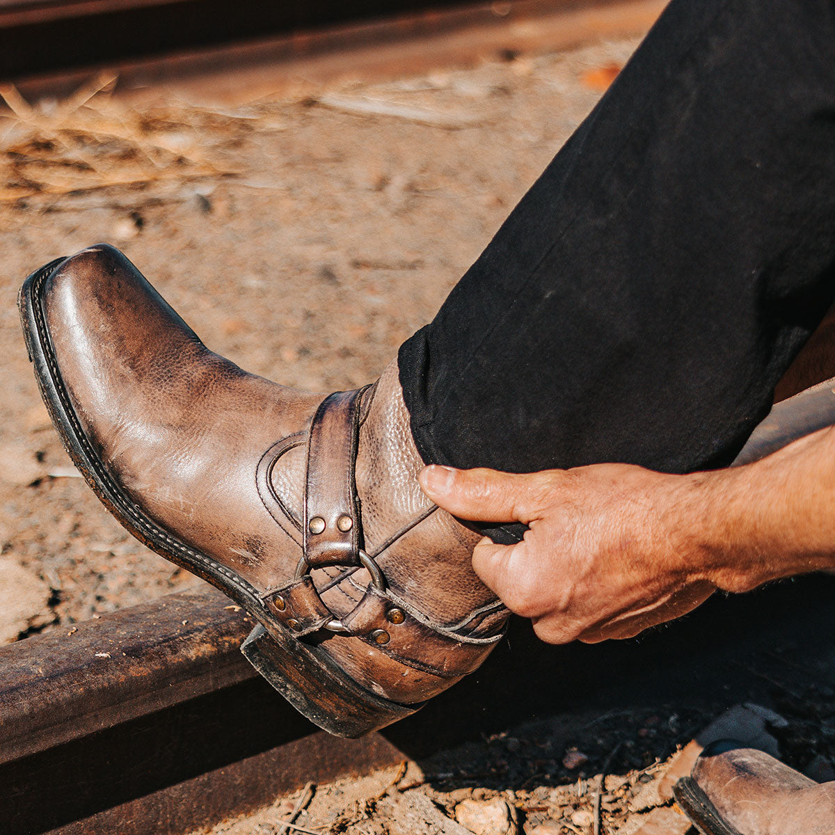 FREEBIRD men's Copperhead grey distressed rock tumbled boot with ankle harness and square toe