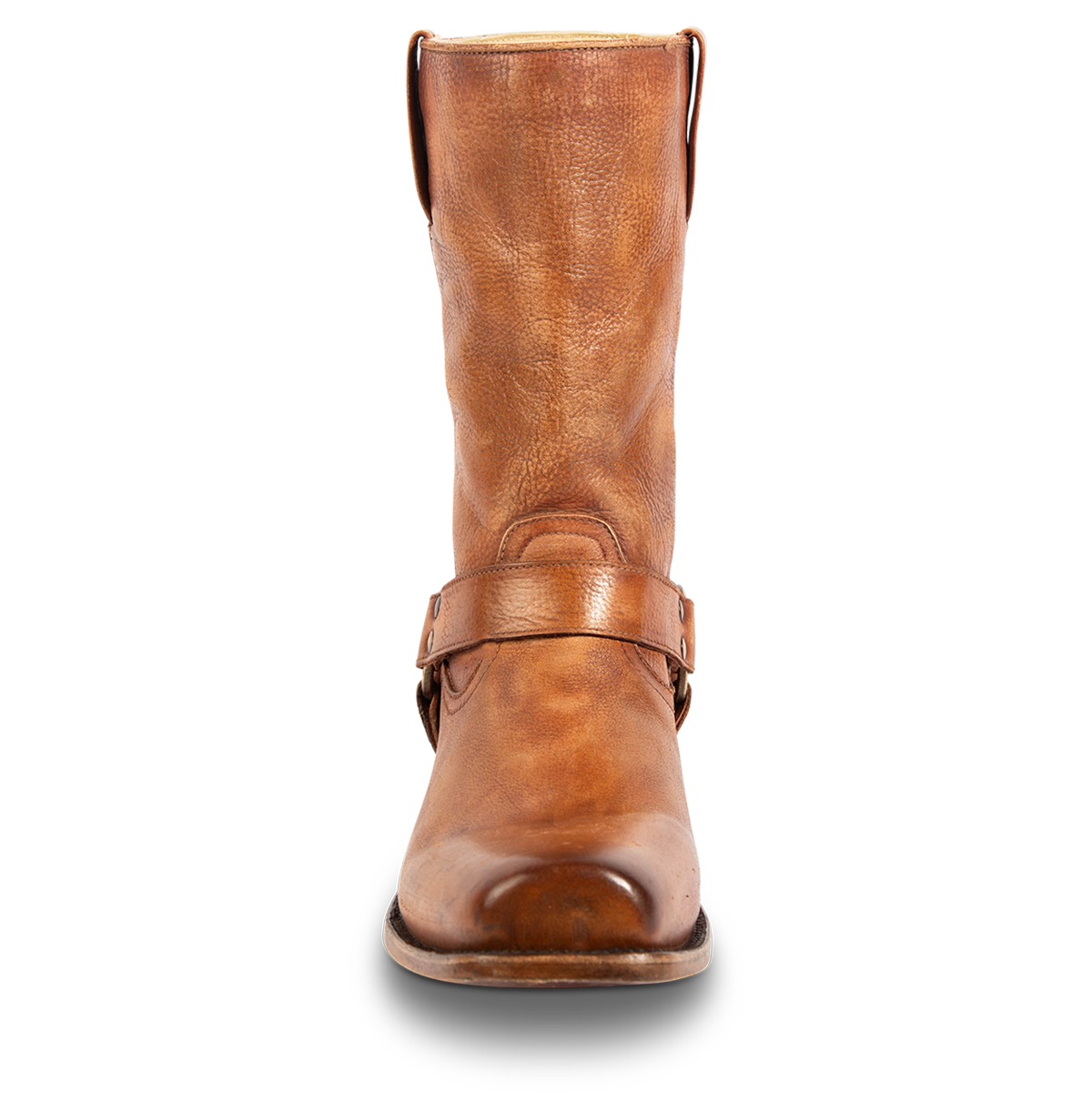 Front view showing distressed shaft and leather ankle harness on FREEBIRD men's Copperhead whiskey boot