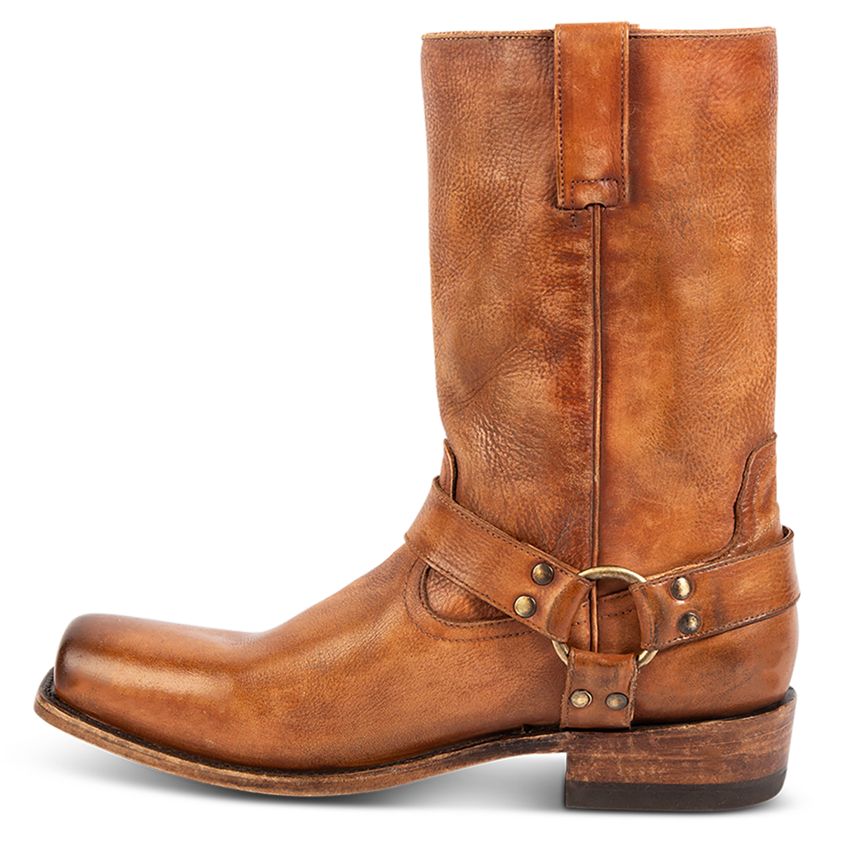 Inside view showing leather ankle harness with brass hardware on FREEBIRD men's Copperhead whiskey boot