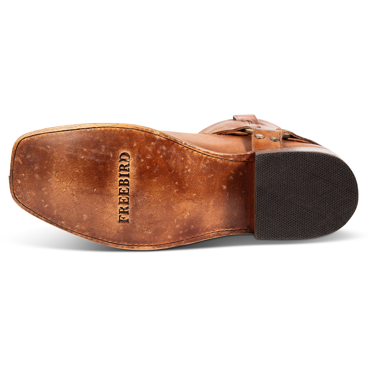 Leather sole imprinted with FREEBIRD on men's Copperhead whiskey boot