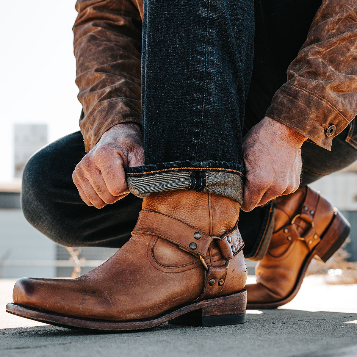 FREEBIRD men's Copperhead whiskey rock tumbled boot with ankle harness and square toe