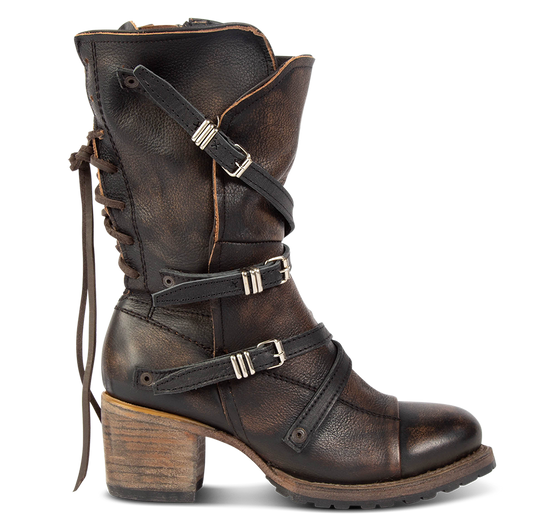 FREEBIRD women’s Cora black slouchy back lacing leather boot with adjustable straps and buckles