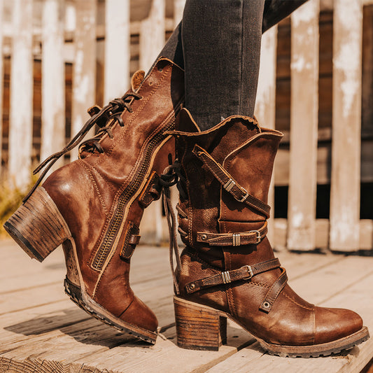 FREEBIRD women’s Cora brown slouchy back lacing leather boot with adjustable straps and buckles