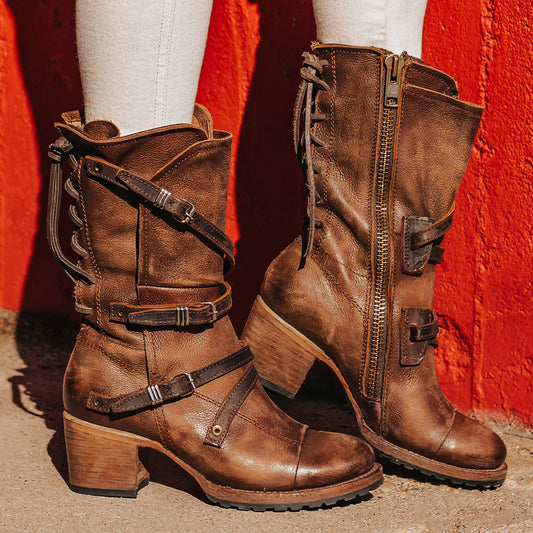 FREEBIRD women’s Cora brown slouchy back lacing leather boot with adjustable straps and buckles