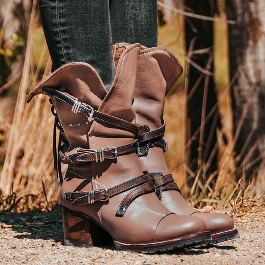 Clay CORA leather booties featuring a back-lacing design, slouchy silhouette, and adjustable silver buckle straps