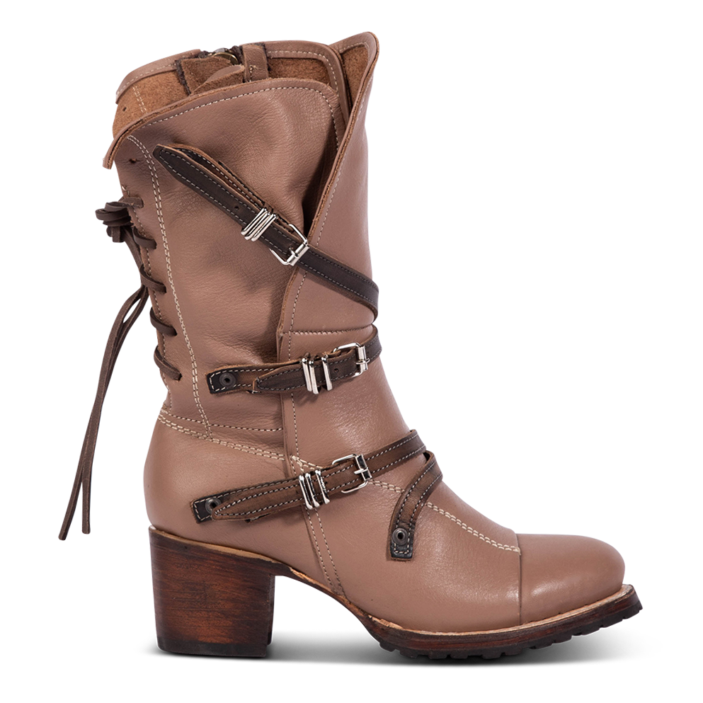 Clay CORA leather booties featuring a back-lacing design, slouchy silhouette, and adjustable silver buckle straps.