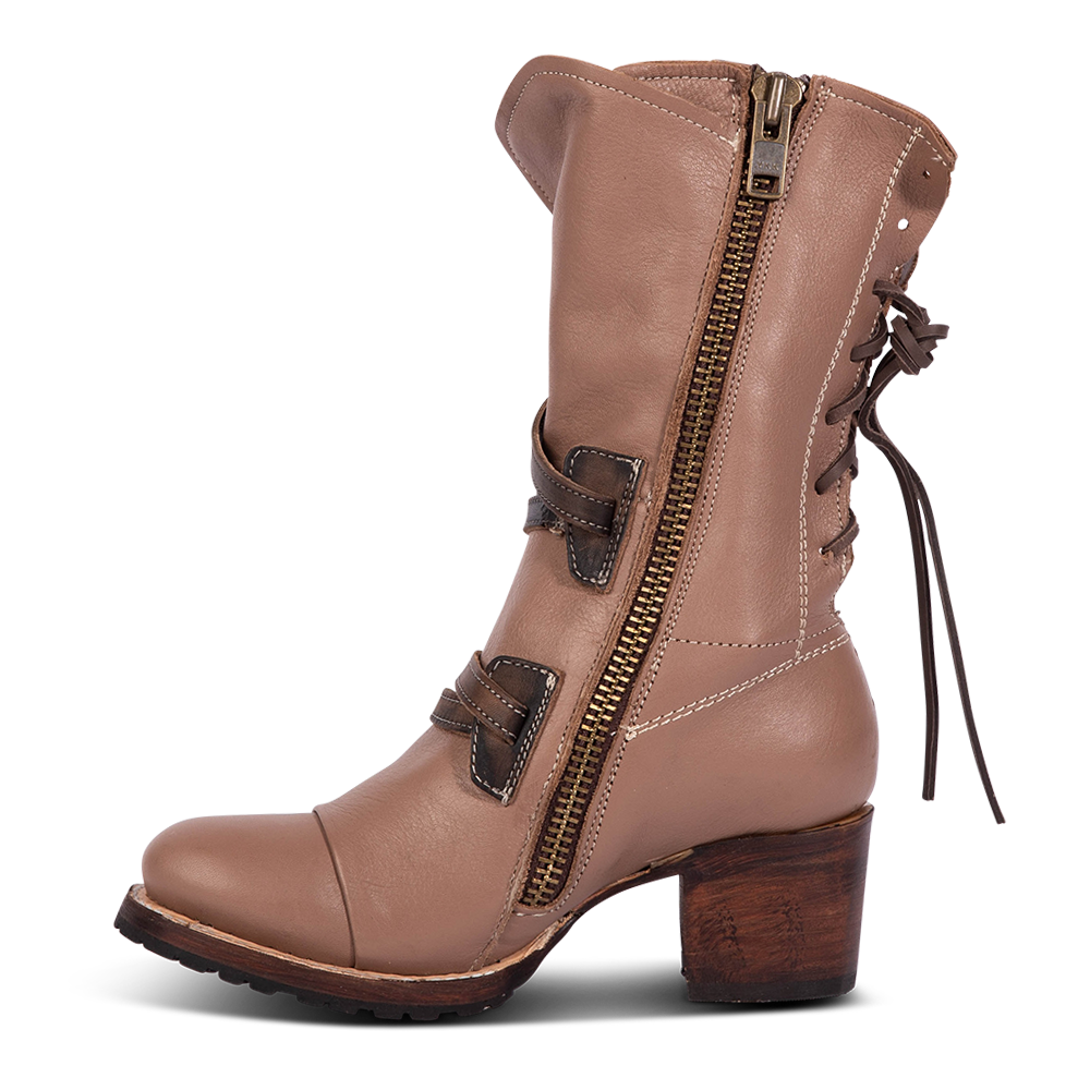 Inside view showing Clay CORA leather booties featuring a back-lacing design, slouchy silhouette, and inside brass zipper