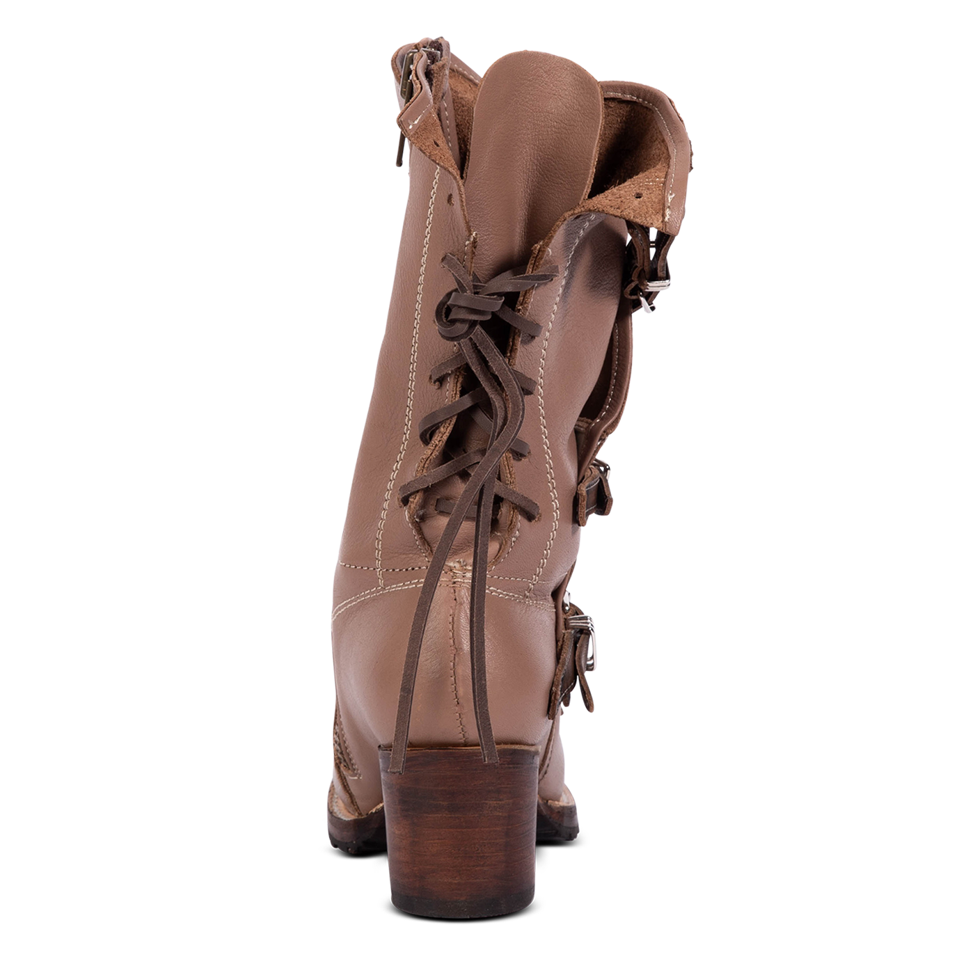 Back view showing Clay CORA leather booties featuring a back-lacing design, slouchy silhouette, and lifted heel