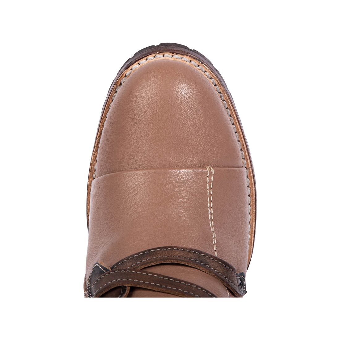 Top view showing a round toe construction on Freebird women's CORA clay leather boot