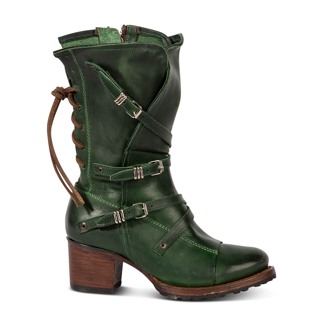 Green CORA leather booties featuring a back-lacing design, slouchy silhouette, and adjustable silver buckle straps.